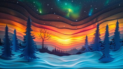 A beautiful landscape of a forest with trees and a tree stump. The sky is filled with stars and the sun is setting, creating a warm and peaceful atmosphere