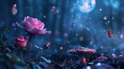 Fantasy Magical Mushrooms and Butterflies in enchanted Fairy Tale dreamy elf Forest with fabulous fairytale blooming pink Rose Flower on mysterious nature background and shiny shining moonlight - obrazy, fototapety, plakaty
