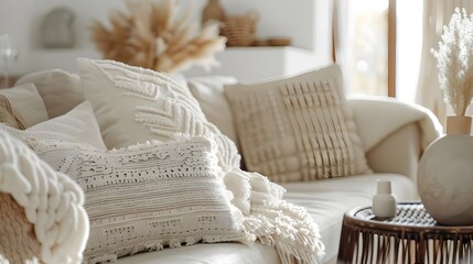 close up of, Boho home interior design of modern living room.