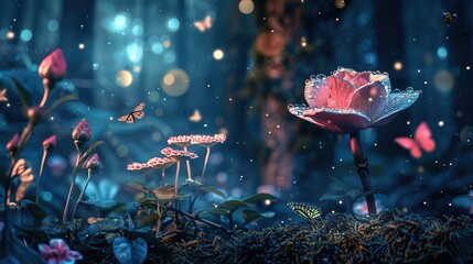 Fototapeta premium Fantasy Magical Mushrooms and Butterflies in enchanted Fairy Tale dreamy elf Forest with fabulous fairytale blooming pink Rose Flower on mysterious nature background and shiny shining moonlight