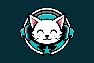 Gaming logo, a gamer cute cat in the middle with headphones