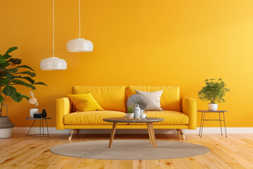 Modern Modern design Mustard Yellow Modern style house interior and living room Flexible Furniture. - obrazy, fototapety, plakaty