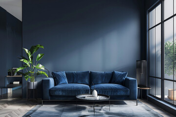 Modern Modern design Navy Blue Minimalist style house interior and living room Biophilic Design. - obrazy, fototapety, plakaty