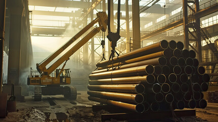 Gantry crane loading a stack of steel pipes in a metallurgical plant workshop - obrazy, fototapety, plakaty