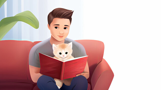 Influencer, 22, reading a book with a 6-month-old kitten on her lap, close-up shot in a comfy nook, children book watercolor clipart