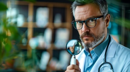 Doctor Examining with a Magnifying Glass. Serious male doctor with a stethoscope around his neck uses a magnifying glass, symbolizing close examination in healthcare.