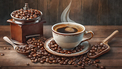 Steaming coffee cup with coffee beans on wooden table