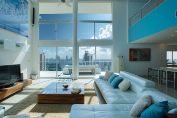 Modern Modern design Sky Blue Contemporary style loft interior and living room Flexible Furniture.