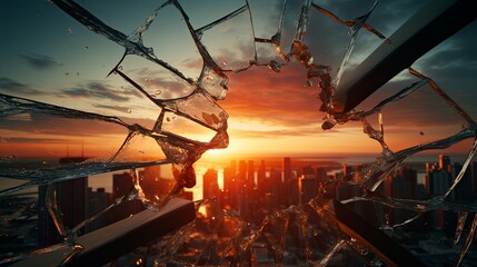 Sunset viewed through the frame of a broken window, vibrant colors clashing with the ruin, tight shot.