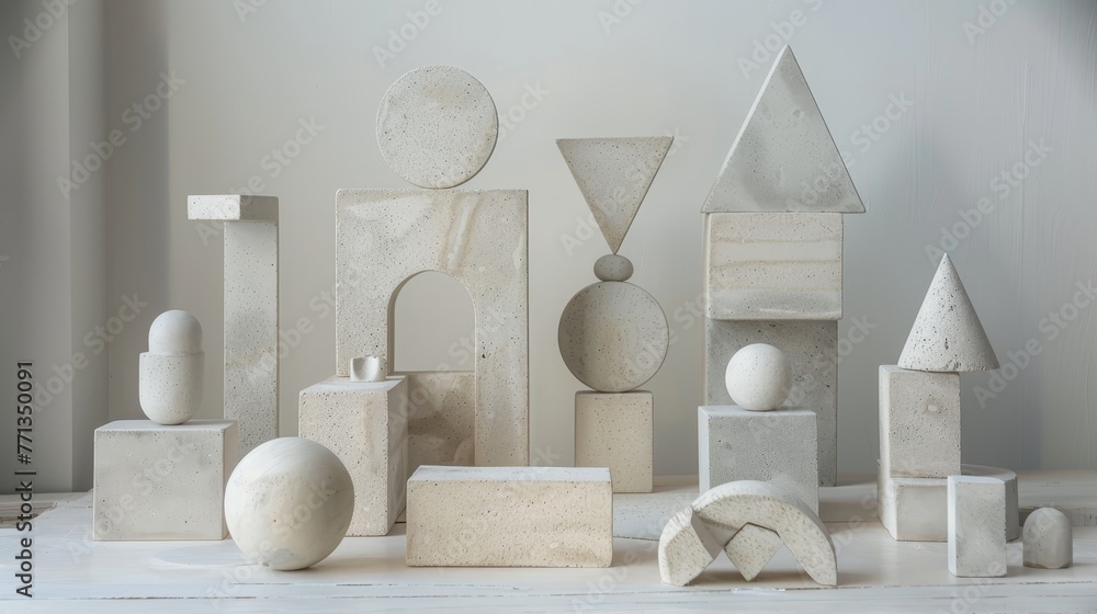 Poster a collection of white blocks and spheres arranged on a table. the blocks are of various shapes and s