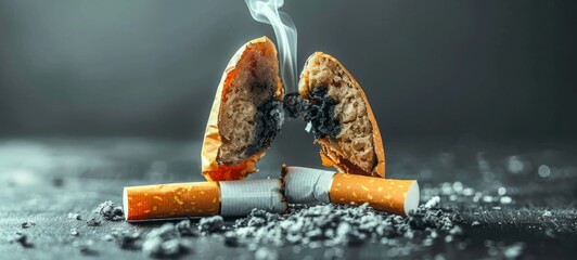 Closeup of human lungs damaged by smoking, cigarettes and smoke on table - Smoker, stop smoking, nicotine, death, drugs, cancer disease