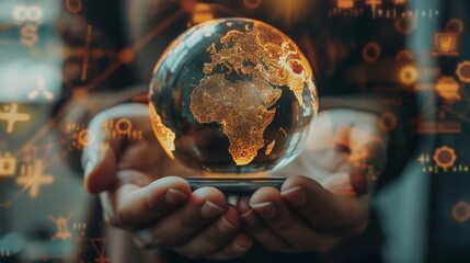 A person is holding a globe in their hands. The globe is surrounded by a lot of different symbols and numbers. Concept of curiosity and wonder about the world and its many mysteries