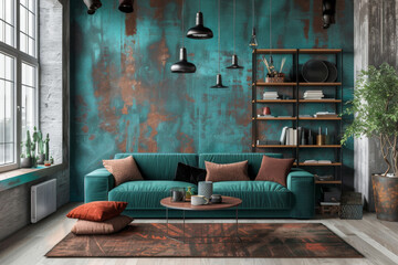 Modern Modern design Teal Industrial style apartment interior and living room Functional Minimalism. - obrazy, fototapety, plakaty