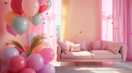The room is decorated with colorful balloons for the party. Pink and purple balloons on colorful background with blurry bokeh lights.