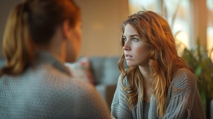 Concerned Woman in Conversation with Health Professional. Worried young woman engages in a serious conversation with a health professional, potentially discussing a sensitive health issue. - obrazy, fototapety, plakaty