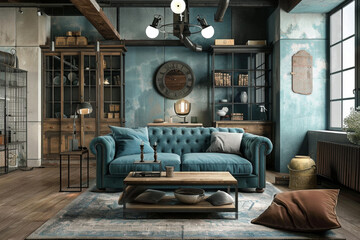 Modern Modern design Teal Industrial style apartment interior and living room Smart Homes. - obrazy, fototapety, plakaty