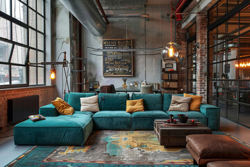 Modern Modern design Teal Industrial style house interior and living room Smart Homes. - obrazy, fototapety, plakaty