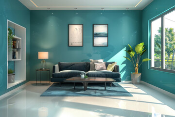 Modern Modern design Teal Minimalist style house interior and living room Natural Materials.
