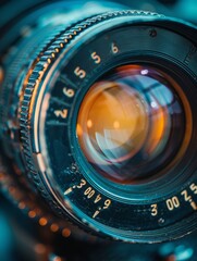 Macro of vintage camera lens, focus on history for a timeless filmmaking background , photographic style - obrazy, fototapety, plakaty