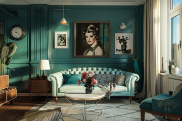 Modern Modern design Teal Retro style apartment interior and living room Maximalist Design.