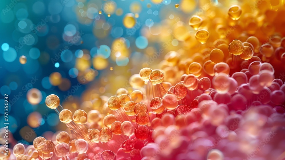 Poster a colorful image of many small spheres of different colors. the spheres are scattered throughout the