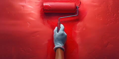 hand painter with painting roller paints wall red paint close up - obrazy, fototapety, plakaty