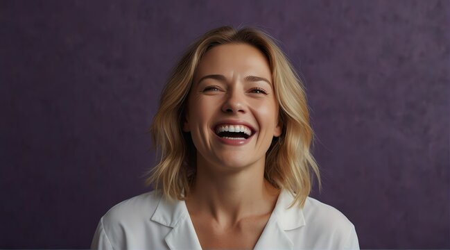 young caucasian middle aged woman on plain bright purple background laughing hysterically looking at camera background banner template ad marketing concept from Generative AI