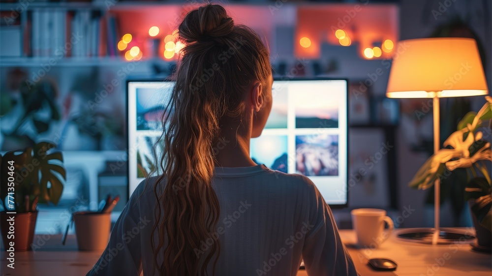 Poster Night desk, a woman sitting in front of a computer, pressing the keyboard. Generative AI.