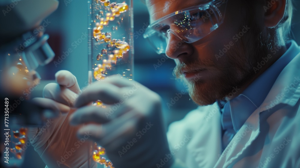 Poster scientist analyzing dna sequencing. scientist in a lab coat and protective glasses is analyzing dna 