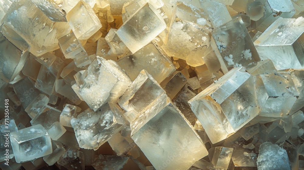 Poster a close up of a pile of ice cubes. the cubes are all different sizes and are scattered throughout th