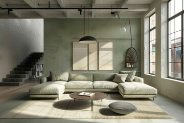Modern Modern design Green Minimalist style loft interior and living room Vintage Accents. - obrazy, fototapety, plakaty