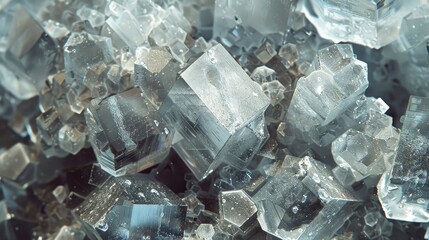 A close up of a pile of ice crystals. The crystals are all different shapes and sizes, and they are all covered in a thin layer of water. Concept of wonder and awe at the beauty of nature