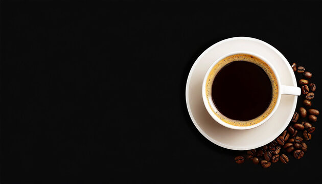 Cup of coffee on black background. Copy space. Top view. Flat lay. Panorama