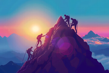 A silhouette of a team helping each other reach the top of a mountain, symbolizing success and teamwork in mountain climbing.