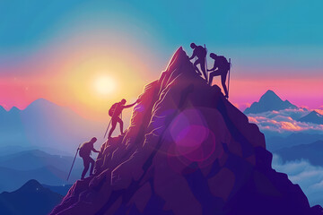 Naklejka premium A silhouette of a team helping each other reach the top of a mountain, symbolizing success and teamwork in mountain climbing.