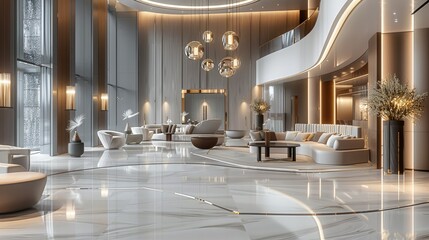 Lobby area, waiting area, contemporary style with luxury, bass stainless steel textured furniture, curve sofa seating, big hall height ceiling with luxury pendant lighting. Generative AI.