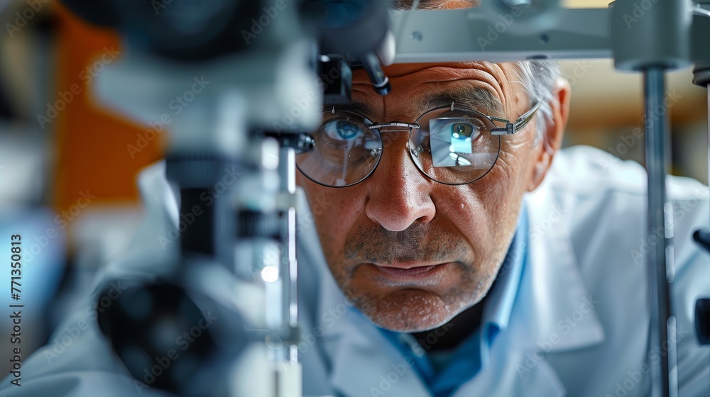 Aufkleber scientist using advanced microscope. senior scientist intensely focused while using a sophisticated 