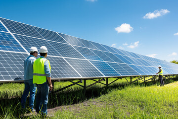 Engineer working on equipment inspection in solar cell power plant Engineer engineering concept, renewable energy, clean energy