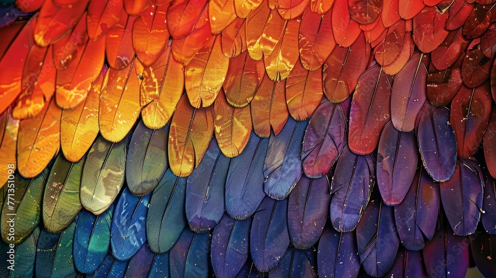 Poster a colorful feather pattern with a rainbow of colors. the feathers are arranged in a way that creates