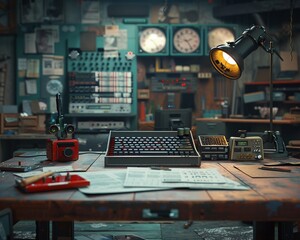Props table, macro detail, story elements for a detailed filmmaking background , octane render
