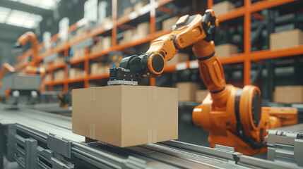 Innovative industrial robots that replace human labor Automated warehouse concept with 3D automated robots, artificial intelligence for revolutionizing industries and production processes. - obrazy, fototapety, plakaty