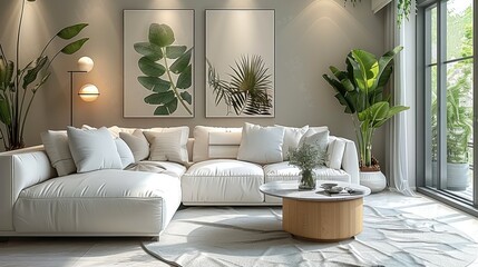 Modern living room cream style, white sofa with green leaf decoration on the back, light grey carpet, small round coffee table. Generative AI.
