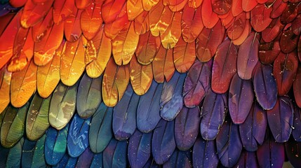 A colorful feather pattern with a rainbow of colors. The feathers are arranged in a way that creates a sense of movement and flow. The image conveys a feeling of freedom and natural beauty - obrazy, fototapety, plakaty