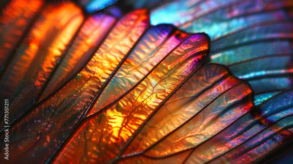 Poster a colorful butterfly wing with a metallic sheen. the wing is made up of many small, overlapping scal