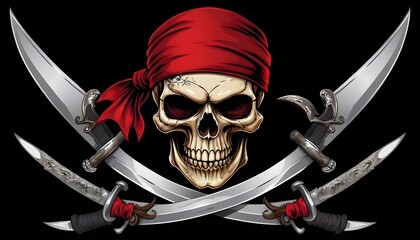 Pirate symbol with skull, red bandana  and crossed swords on black background, fantasy, steampunk, vintagem horror, adventure, caribbean
