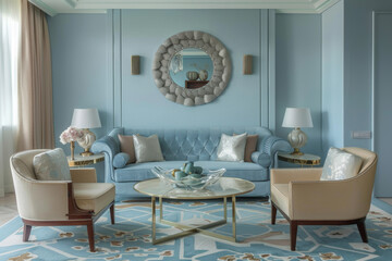 Modern Scandinavian Pastel Blue Art Deco style house interior and living room Zen Spaces.