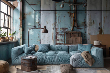Modern Scandinavian Pastel Blue Industrial style house interior and living room Functional Minimalism. - obrazy, fototapety, plakaty