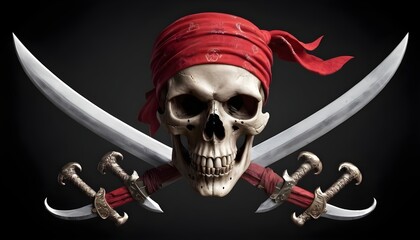 Pirate symbol with skull, red bandana  and crossed swords on black background, fantasy, steampunk, vintagem horror, adventure, caribbean
