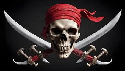 Tuinposter Pirate symbol with skull, red bandana  and crossed swords on black background, fantasy, steampunk, vintagem horror, adventure, caribbean © Lied