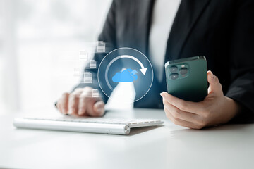 Individuals with document holograms in information system, archiving important documents in online databases to be accessed at any time, document database management. Storing document files on iCloud.